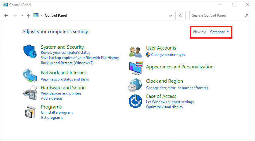 Windows Control Panel simplified view