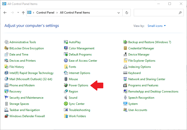 Windows Control Panel Power Options