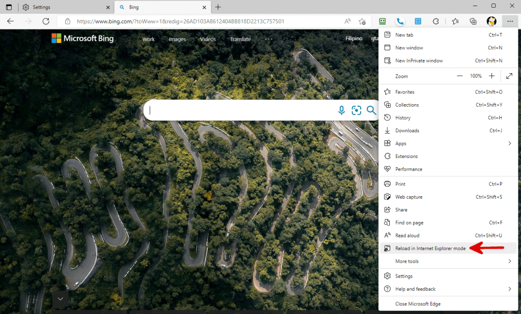 Reload in Internet Explorer mode option in Microsoft Edge settings