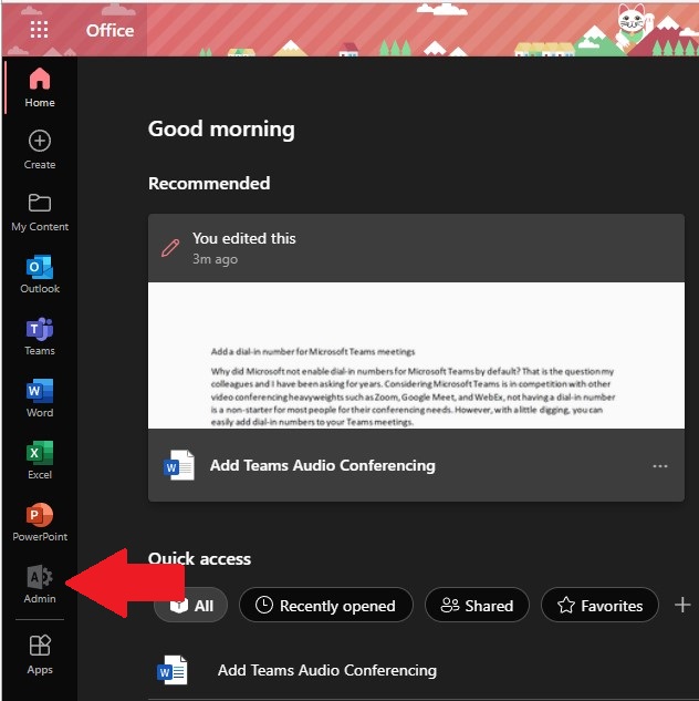 Microsoft 365 Admin Center menu option