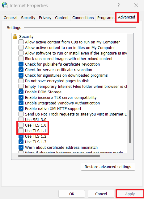 Internet Properties TLS options