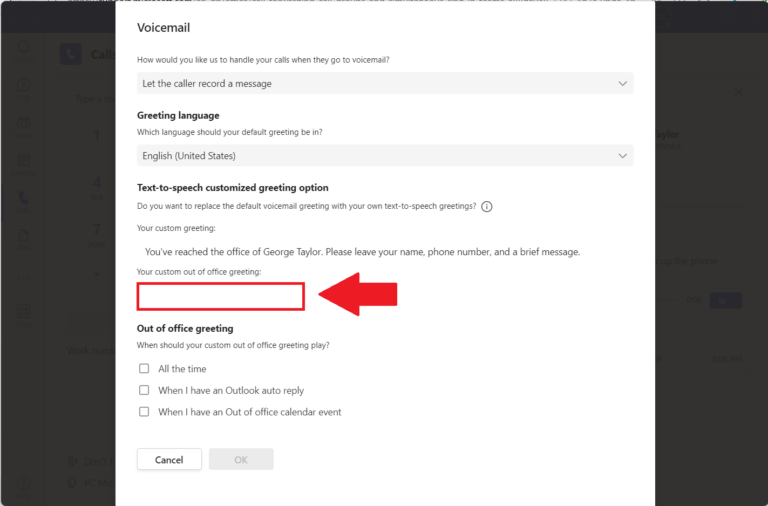 Teams Account Voicemail Settings Out of Office - Text-to-Speech