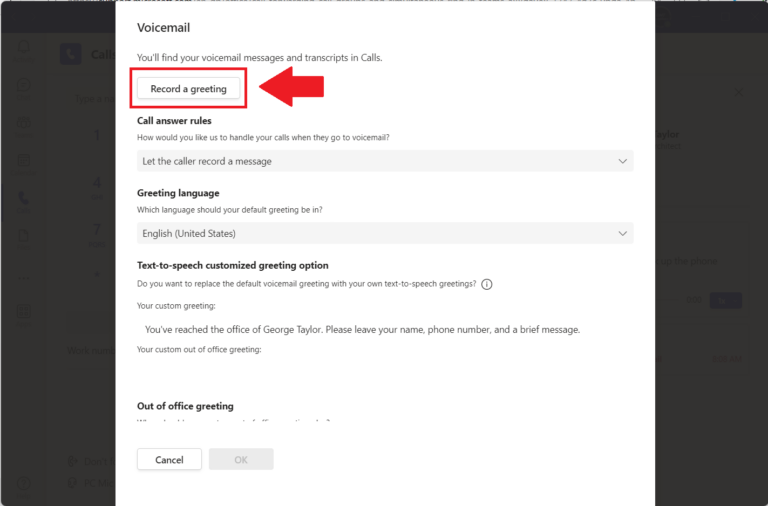 Teams Account Voicemail Settings - Record a greeting
