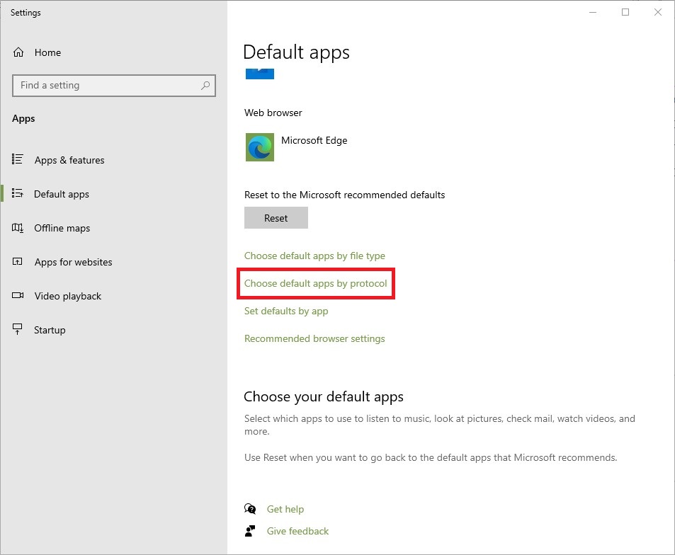 Windows 10 Settings Choose defaults by protocol