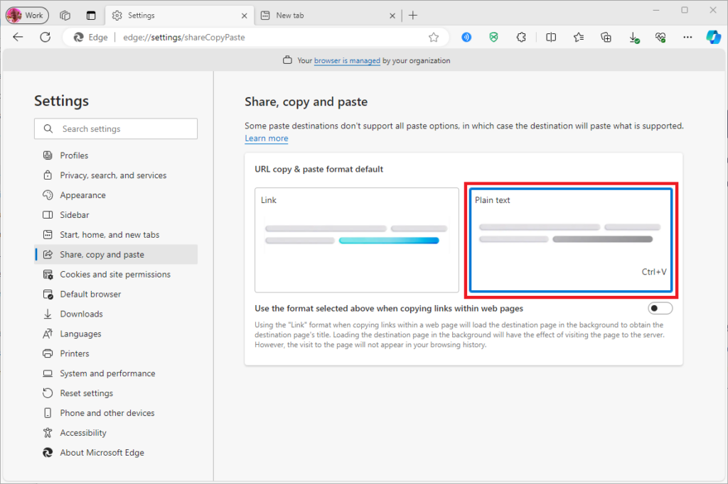 Microsoft Edge Share Settings - Plain text