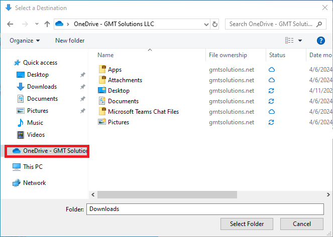 Downloads Select a Destination - OneDrive