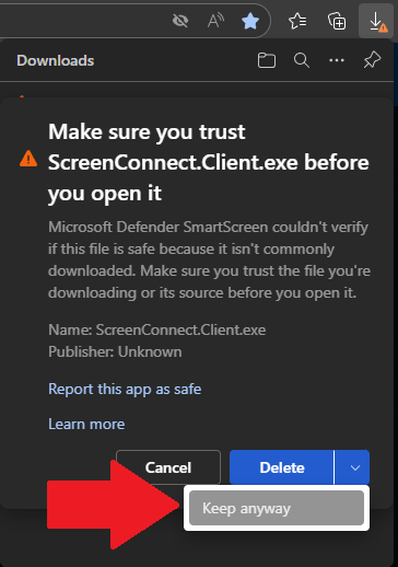 Edge blocking ScreenConnect - Keep anyway