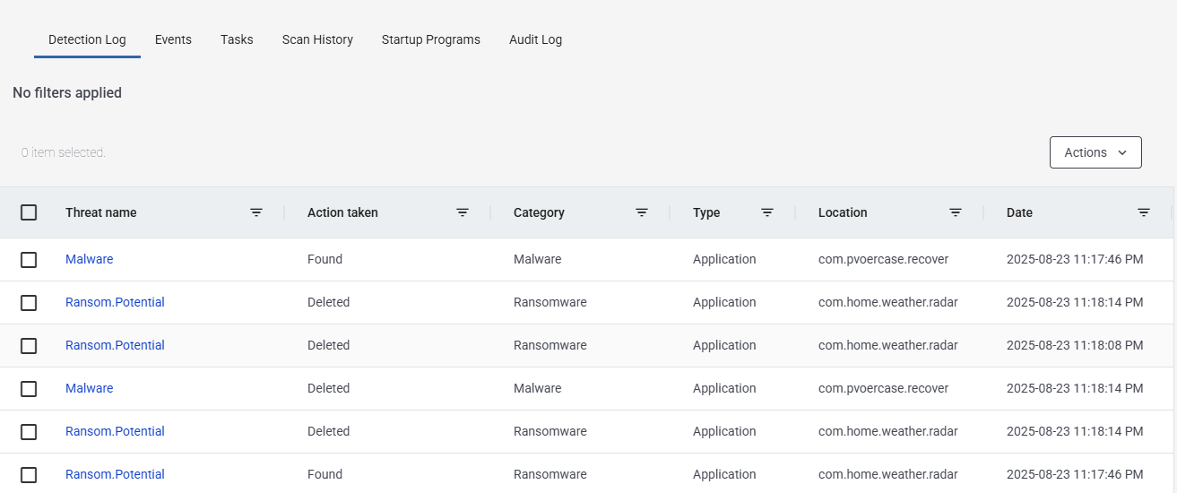 Malware detection log for an Android device.