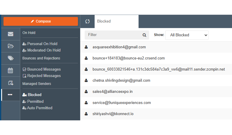 Users can manage blocked senders from the web portal.