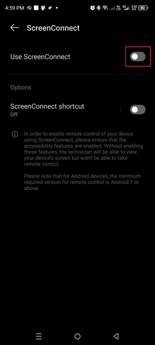 Accessibility - Toggle ScreenConnect